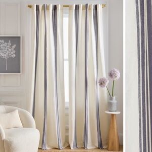 NWT QUINCE Set Of 2 48x96 Coastal Stripe Linen Cotton Curtains Iv/Navy 4336